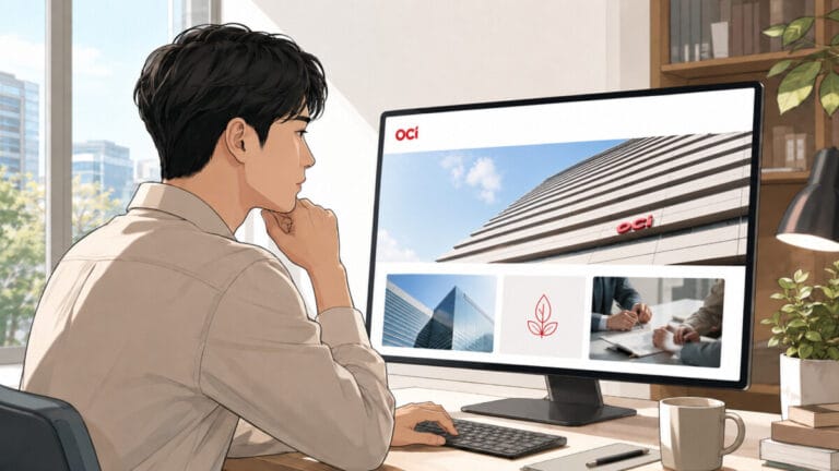 OCI 홀딩스 홈페이지를 보고 있는 투자자