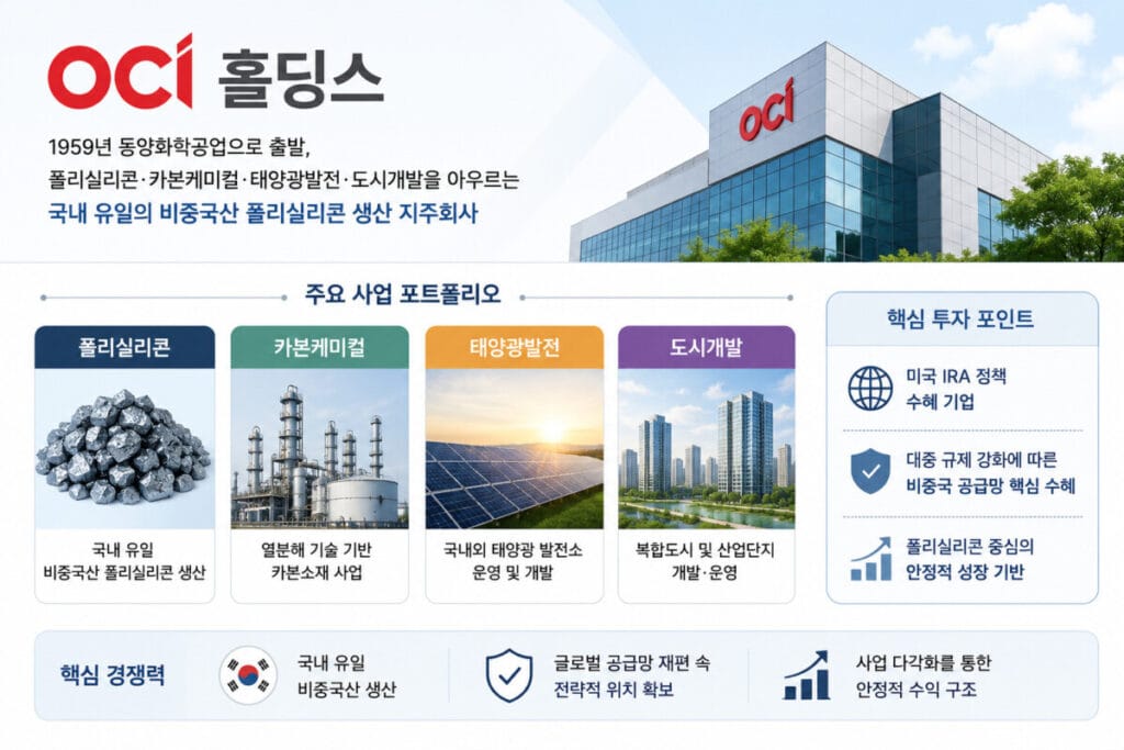 OCI 홀딩스 주요 사업 포트폴리 인포그래픽