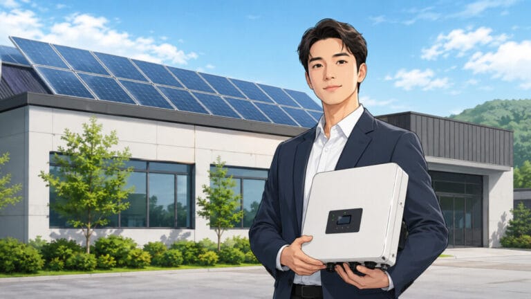 태양광 패널이 설치되어 있는 주택 앞에서 OCI POWER 인버터를 들고 있는 남성