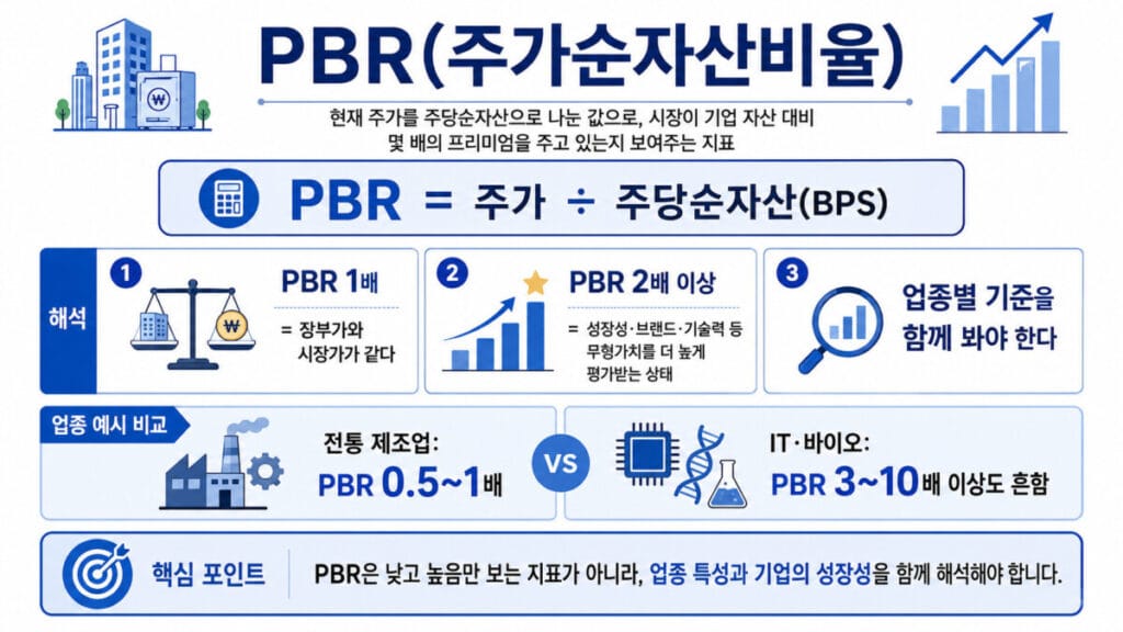 PBR 높을수록 업종별 기준을 함께 봐야 하는 것을 설명하는 인포그래픽