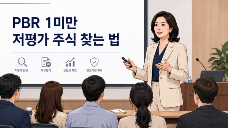 PBR 1 미만 저평가 주식 찾는 법을 강의하고 있는 여성 강사