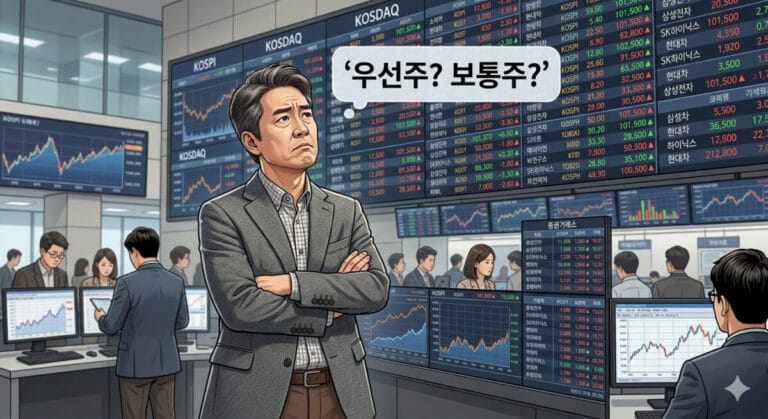 우선주 보통주 차이를 궁굼해 하는 투자자가 증권거래소 전광판앞에 서있고 머리위에 '우선주? 보통주?'텍스트가 있다