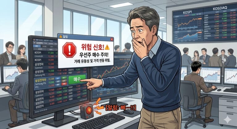 우선주 단점을 알고나서 투자자가 매수 버튼을 누르기전 깜짝 놀라는 모습
