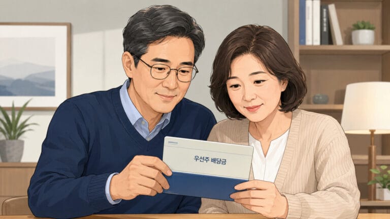 우선주 배당금 계좌를 보고 있는 중년 부부 투자자의 모습