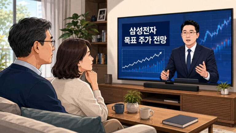 쇼파에 앉아 TV에서 삼성전자 목표 주가 전망 뉴스를 보고 있는 부부