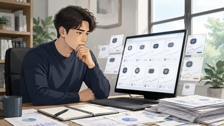 반도체ETF 순위를 보면서 투자 고민을 하고 있는 남성