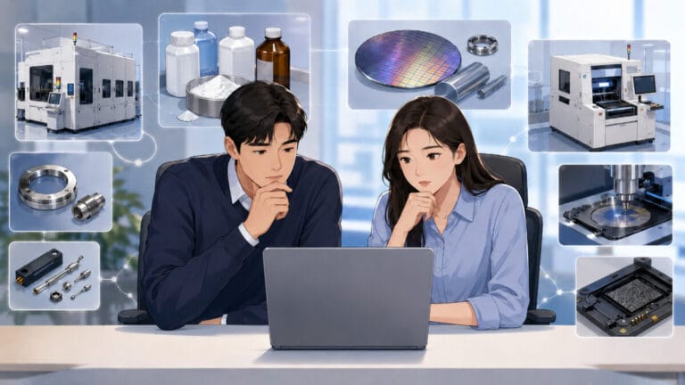 노트북으로 반도체 소부장 관련주 종목을 찾고 있는 남녀 투자자의 모습