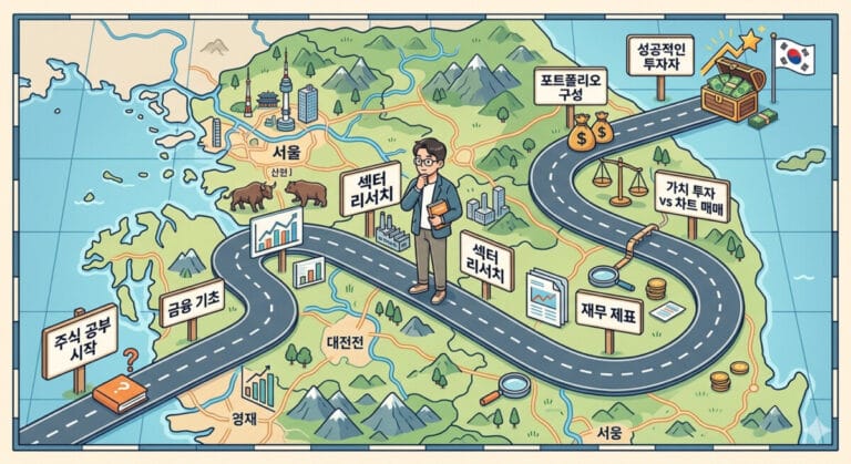 주식 공부 방법 로드맵 위에 서 있는 투자자 일러스트