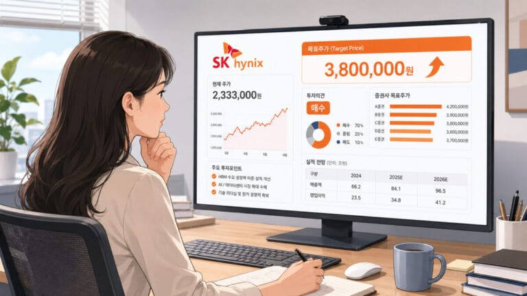 여성 투자자가 모니터에서 SK하이닉스 목표주가 정확도를 체크하고있다