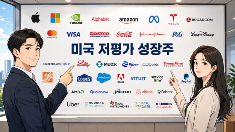벽에 수많은 미국 저평가 성장주 로고가 있다. 이를 가리키고 있는 여성과 남성