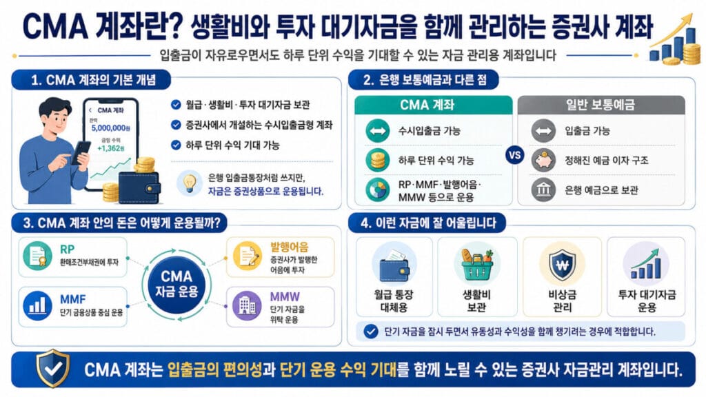 CMA 계좌 개념과 핵심포인트 인포그래픽.