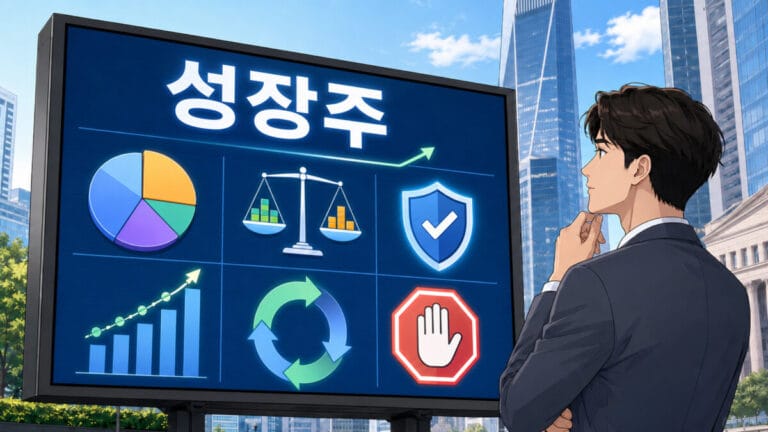 대형 전광판에 성장주라는 텍스트와 핵심포인트 아이콘이 있고 이를 바라보고 있는 투자자