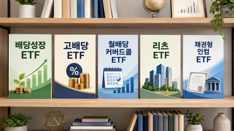 배당금 높은 ETF 이름이 적힌 책 5권이 책장에 나란히 놓여있다