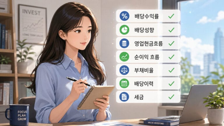배당금 높은 주식 조건을 체크하는 여성투자자