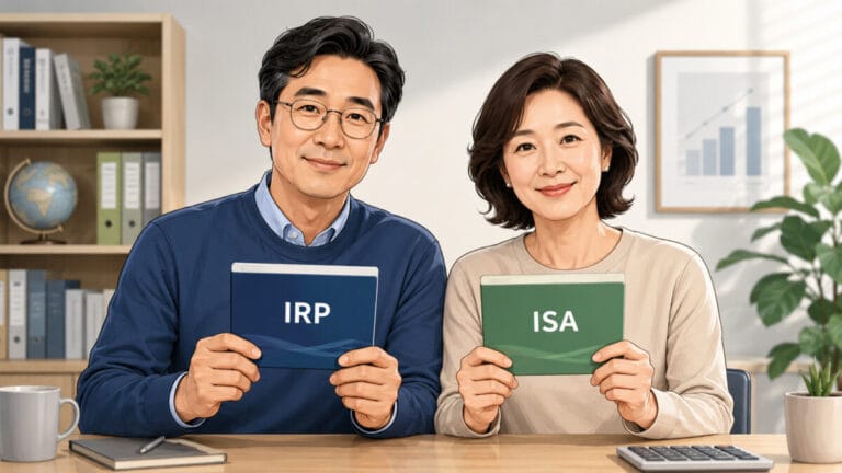 IRP ISA 차이를 잘 알고 있는 중년의 부부가 각각 IRP와 ISA 통장을 들고 있다