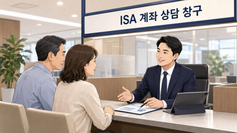 ISA 계좌 장점을 상담받고 있는 중년부부