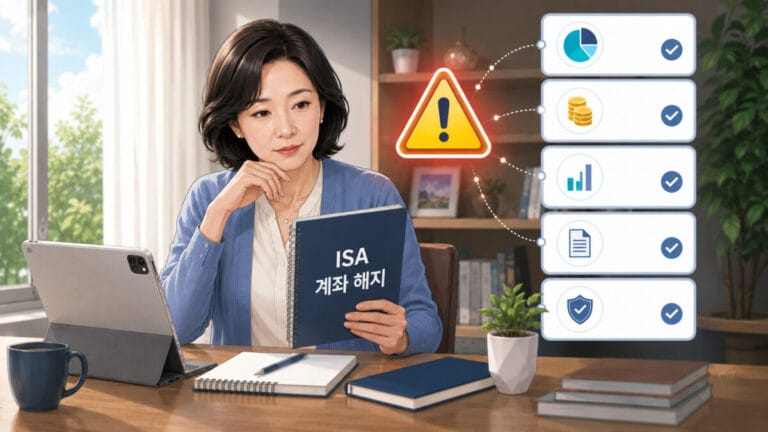 책상에 앉아 ISA 계좌 해지를 고민하는 중년여성 투자자