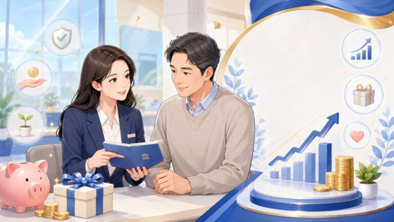 남성 투자자에게 ISA 계좌 이벤트를 설명하는 여성직원