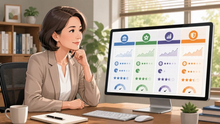 책상에 앉아 PC에서 ISA 계좌 증권사 추천 비교하는 여성투자자