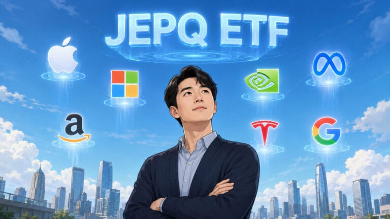 JEPQ ETF 나스닥 100 기업들의 로고가 하늘에 떠있고 이를 팔짱끼고 지겨보고 있는 투자자의 모습