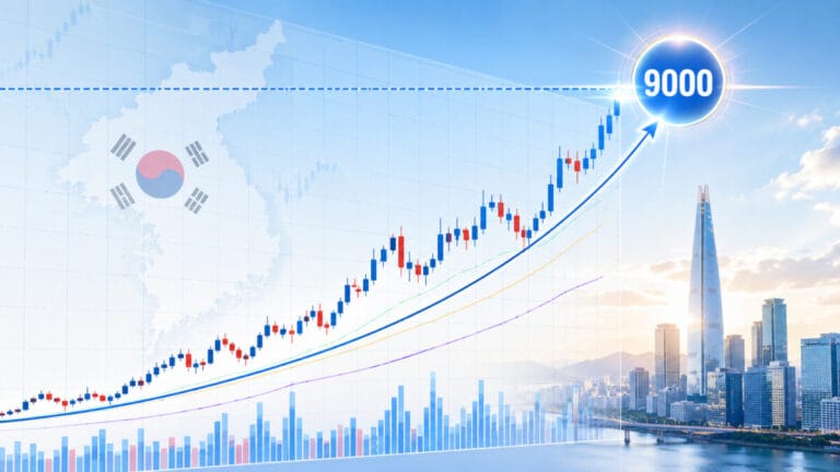 코스피 9000 재도전 그래프. 배경으로 태극기와 서울이 보인다