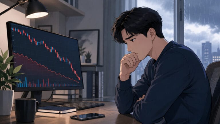 코스피 검은 월요일 전망에 컴퓨터 앞에 앉아 걱정하는 투자자