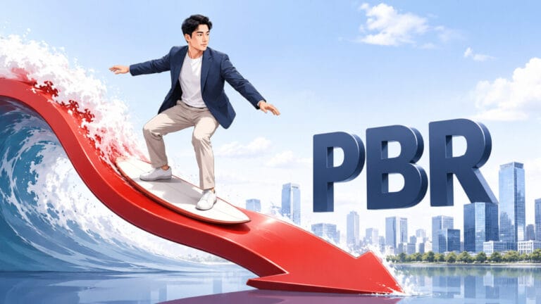PBR 낮은 주식을 표현하는 아래로 향하는 화살표를 파도 타듯 남성이 화살표를 타고 있고, 그 위로 PBR 텍스트가 보인다