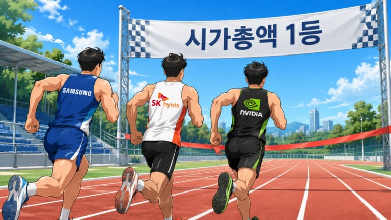 시가총액 순위를 표현하기 위해 삼성전자, SK하이닉스, 엔비디아 로고를 등에 새긴 선수가 달리기를 하는 모습