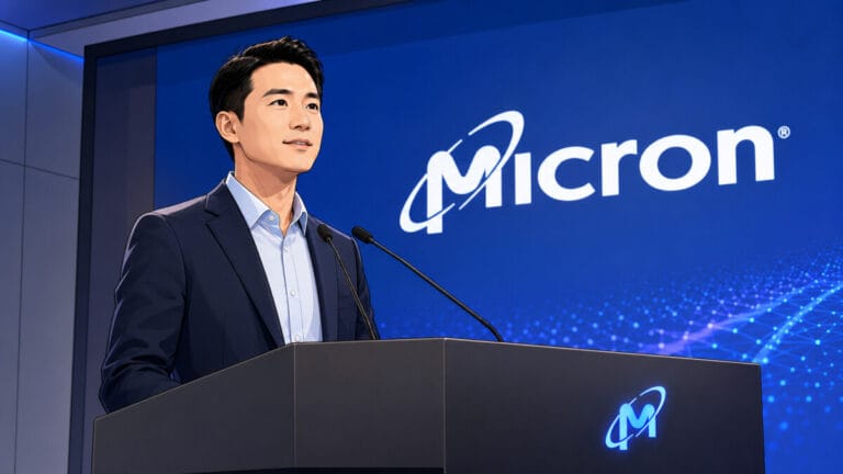 단상에 서서 마이크론 실적 발표하는 관계자. 단상 뒤로 마이크론 로고가 크게 보인다