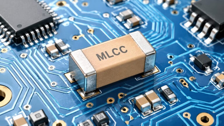 MLCC 뜻을 설명하는 전자기판 위에 MLCC가 부착되어 있다