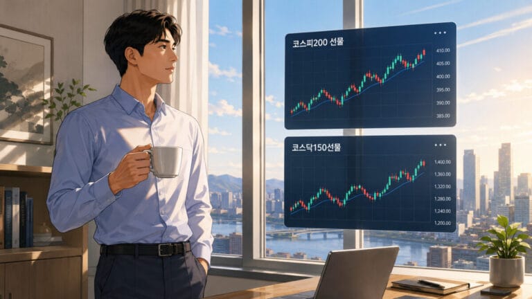 창가에 서서 커피를 마시는 투자자 옆에 야간 선물 코스피 지수와 그래프가 떠있다