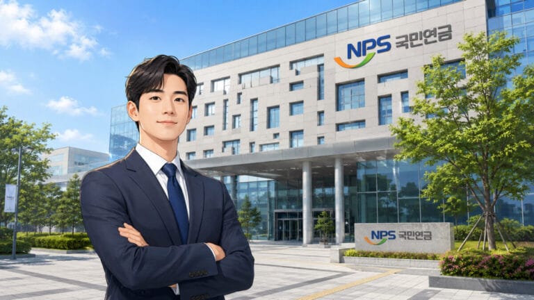 국민연금 선물환 매도를 알아보기 위해 국민연금 건물앞에 서 있는 투자자