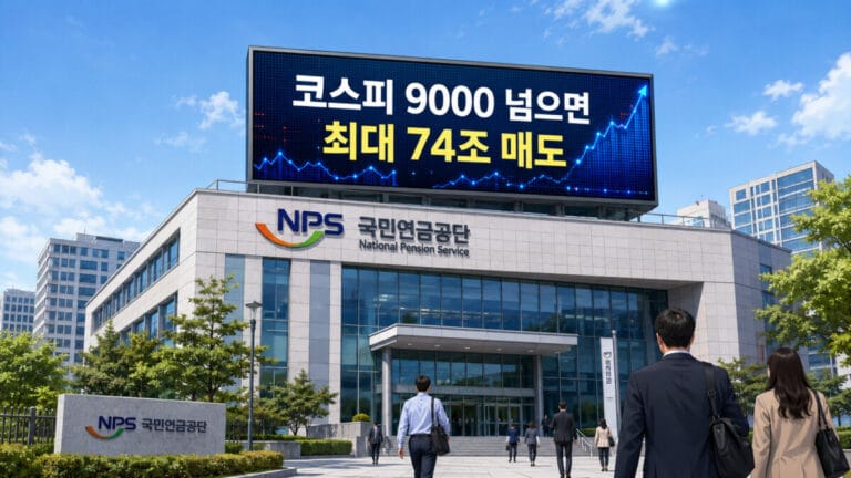 국민연금 건물 옥상 전광판에 코스피 9000 시 국민연금 리밸런싱 최대 74조 문구가 보인다