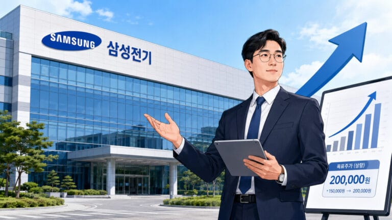 삼성전기 건물 앞에서 삼성전기 목표주가 상향하는 전문가