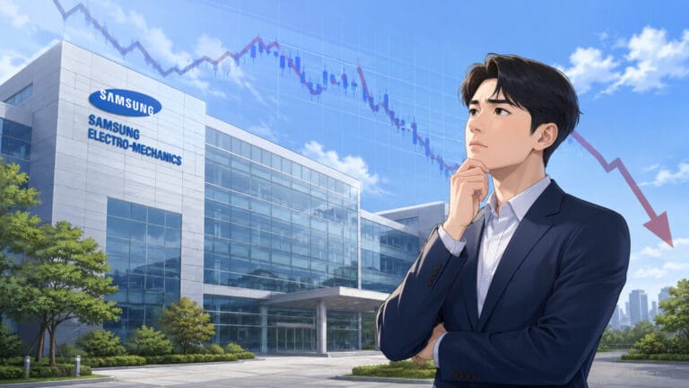 삼성전기 건물 앞에서 삼성전기 주가 하락 이유를 고민하는 투자자