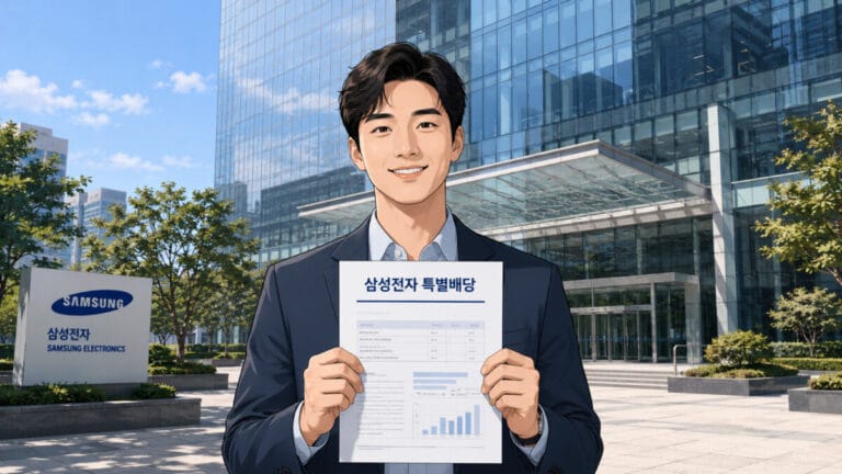 삼성 본사 앞에서 삼성전자 특별배당 서류를 들고 있는 남성