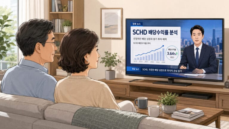 SCHD 배당수익률 분석을 쇼파에 앉아 TV로 보고있는 중년 부부