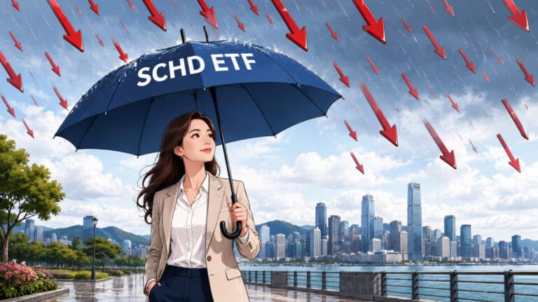 여성 투자자가 SCHD ETF라고 적힌 우산을 쓰고 있고, 하락을 의미하는 화살표들이 비오듯 떨어지고 있다
