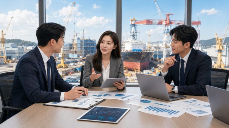 조선주 ETF 추천 회의를 하는 담당자 3명. 배경으로 조선소가 보인다