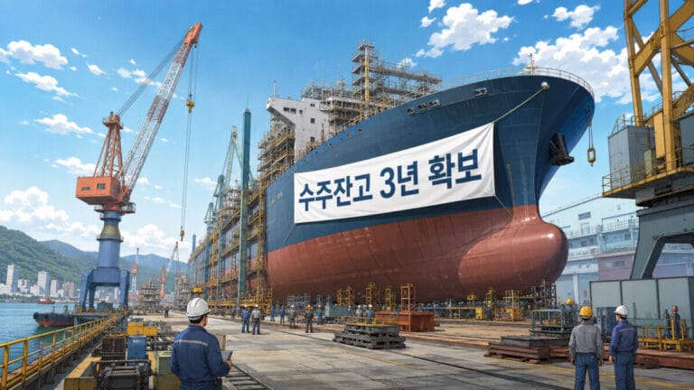 조선소에서 배를 건조하는 모습으로 배에 수주잔고 3년확보라는 플랜카드가 붙어 있어 조선주 전망을 나타내고 있다