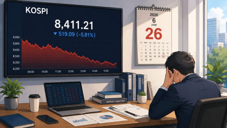 단일종목 레버리지 ETF 영향으로 주가가 하락하여 한 남성이 책상에 앉아 괴로워하고있다