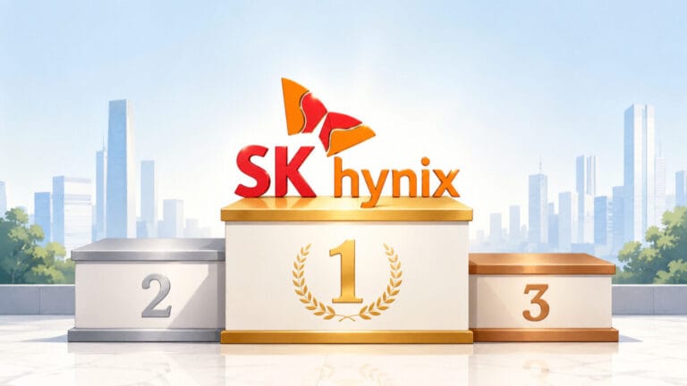 SK하이닉스 시총 1위 달성으로 1등 단상에 로고가 있다