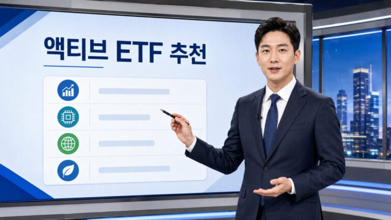 TV에 출연한 남성 애널리트스트가 액티스 ETF 추천하는 모습