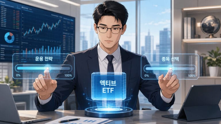 액티브 ETF 상품 비율을 조절하는 남성 투자자. 홀로그램으로 조절하고 있다