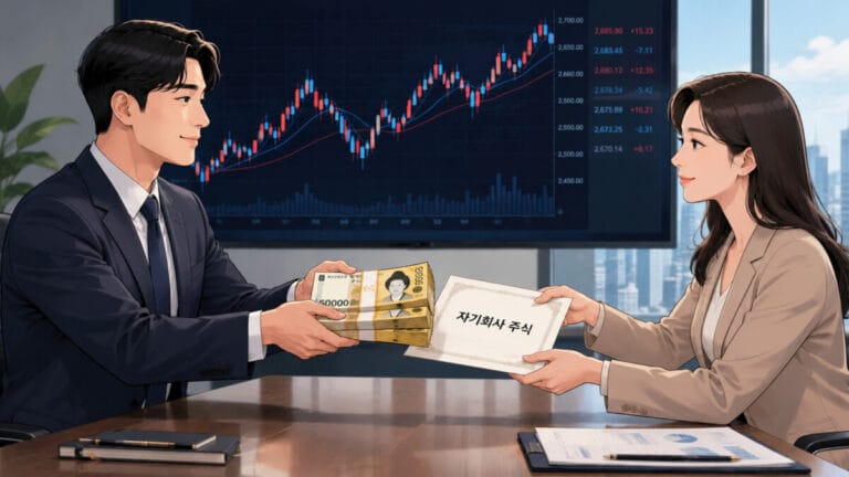 5만원권 현금 다발과 자사주 매입 증서를 주고 받는 모습