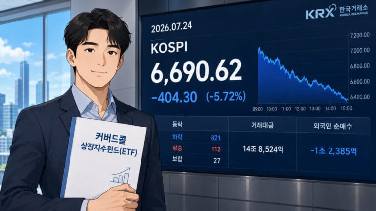 코스피 종가창 앞에서 한 남성아 커버드콜 ETF 서류를 들고 있다