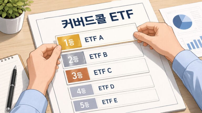 커버드콜 ETF 순위를 정리하는 손이 보인다.