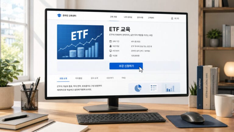 PC 모니터에 ETF 교육 신청 페이지가 보이고 신청 버튼에 마우스가 놓여있다