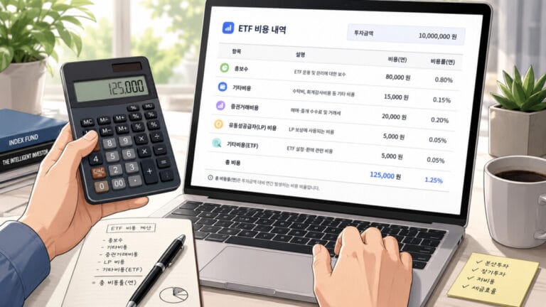 계산기를 들고 ETF 수수료 계산하는 모습