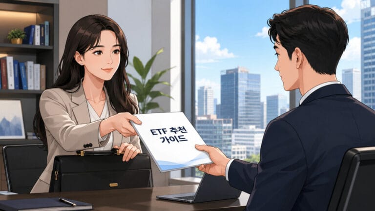 한 여성이 etf 추천 가이드를 남성에게 전달해주고 있다
